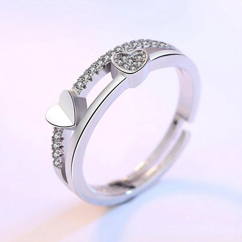 Luxury 925 Sterling Silver Double Heart Wedding Ring