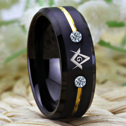 Tungsten Carbide Masonic Ring with Black & Gold Line and White Stones – Perfect Anniversary Gift