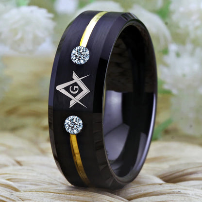 Tungsten Carbide Masonic Ring with Black & Gold Line and White Stones – Perfect Anniversary Gift