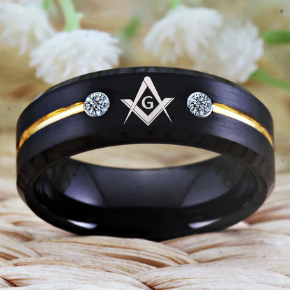 Tungsten Carbide Masonic Ring with Black & Gold Line and White Stones – Perfect Anniversary Gift