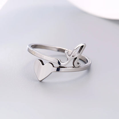 Fashion Silver Color 26 Letter Love Heart Open Ring