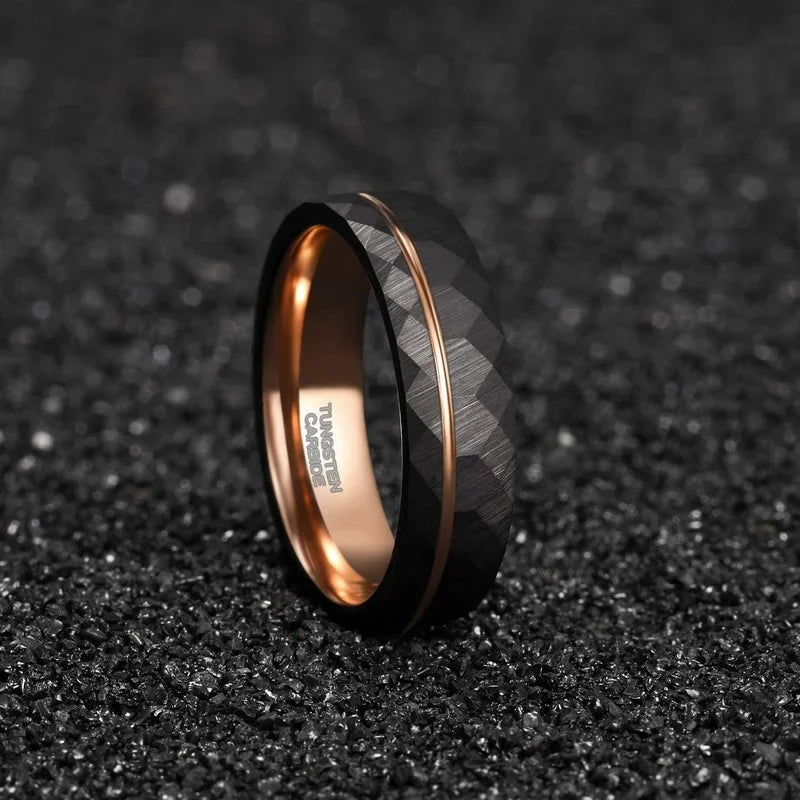 Black Tungsten Rings with Rose Gold Groove – Hammered Wedding Band (4mm, 6mm, 8mm)