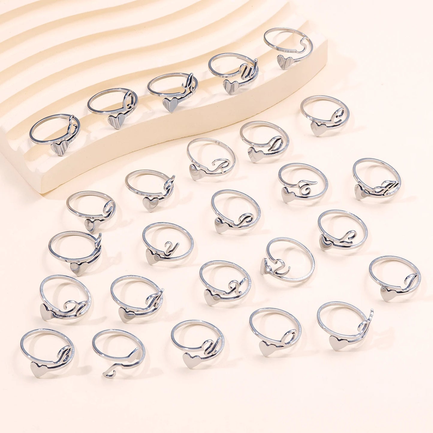 Fashion Silver Color 26 Letter Love Heart Open Ring