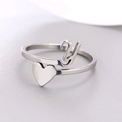 Fashion Silver Color 26 Letter Love Heart Open Ring