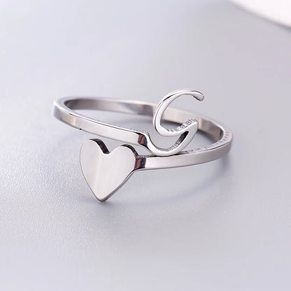 Fashion Silver Color 26 Letter Love Heart Open Ring