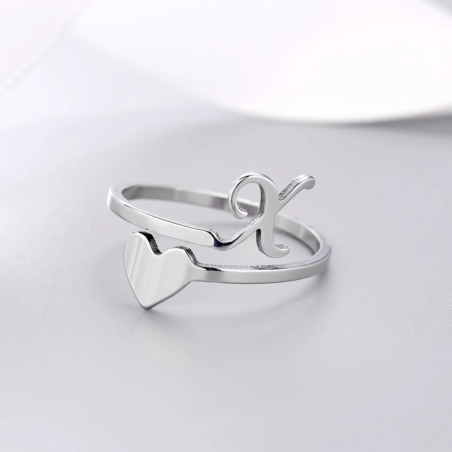 Fashion Silver Color 26 Letter Love Heart Open Ring