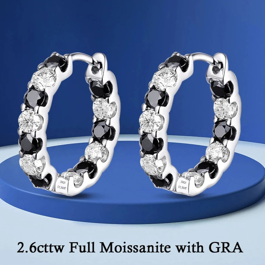 Stunning 2.6ct Black & White Moissanite Hoop Earrings in 925 Sterling Silver