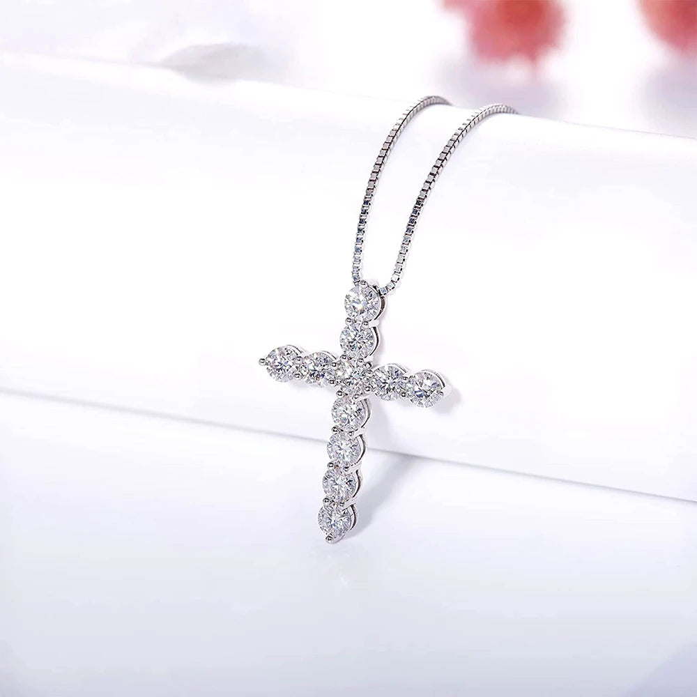 Moissanite Cross Pendant Necklace - D Color VVS1 Diamond, 925 Sterling Silver with 18-Inch Adjustable Chain