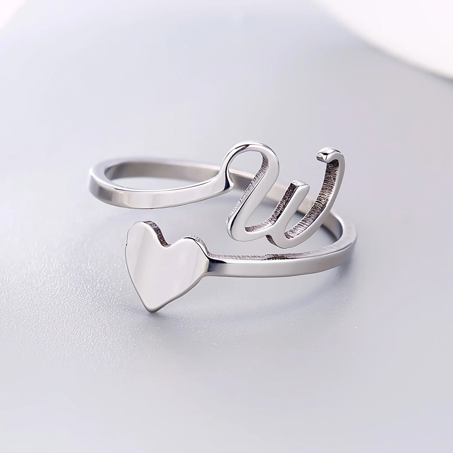 Fashion Silver Color 26 Letter Love Heart Open Ring