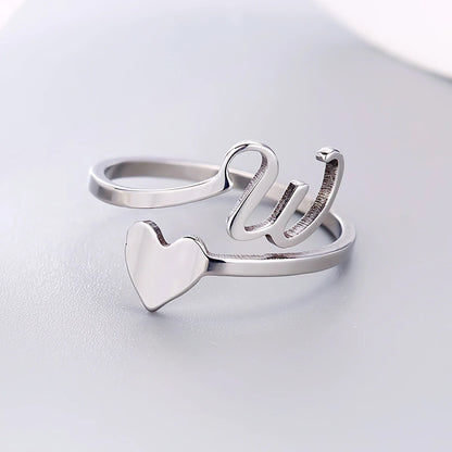 Fashion Silver Color 26 Letter Love Heart Open Ring