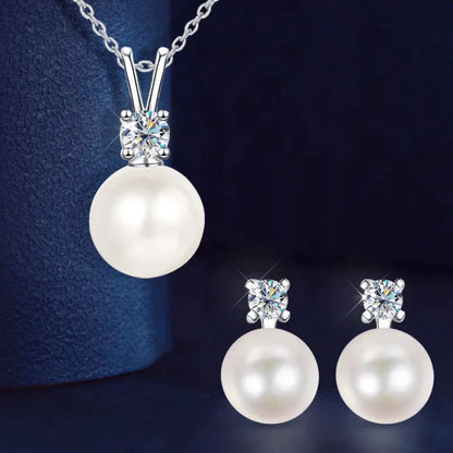 8mm Freshwater Pearl & Moissanite Jewelry Set - 925 Silver Necklace & Earrings, D Color, 0.2/0.9ct