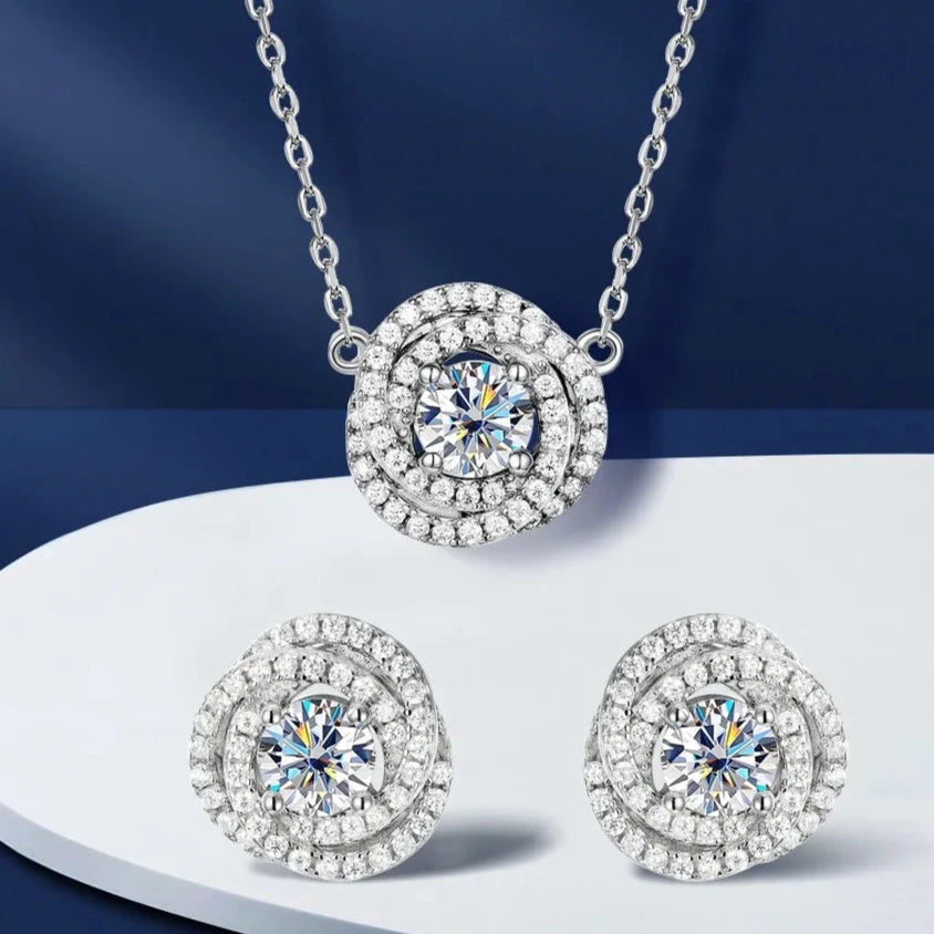 Moissanite VVS1 Flower Necklace & Earrings Set - 18K Gold-Plated Silver