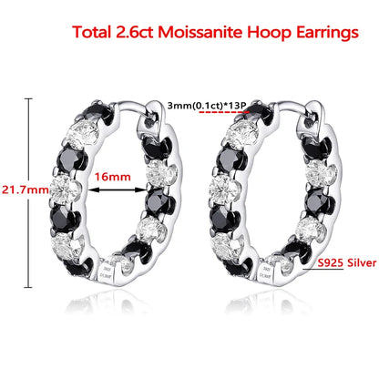 Stunning 2.6ct Black & White Moissanite Hoop Earrings in 925 Sterling Silver