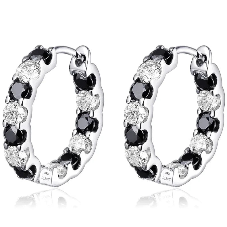 Stunning 2.6ct Black & White Moissanite Hoop Earrings in 925 Sterling Silver