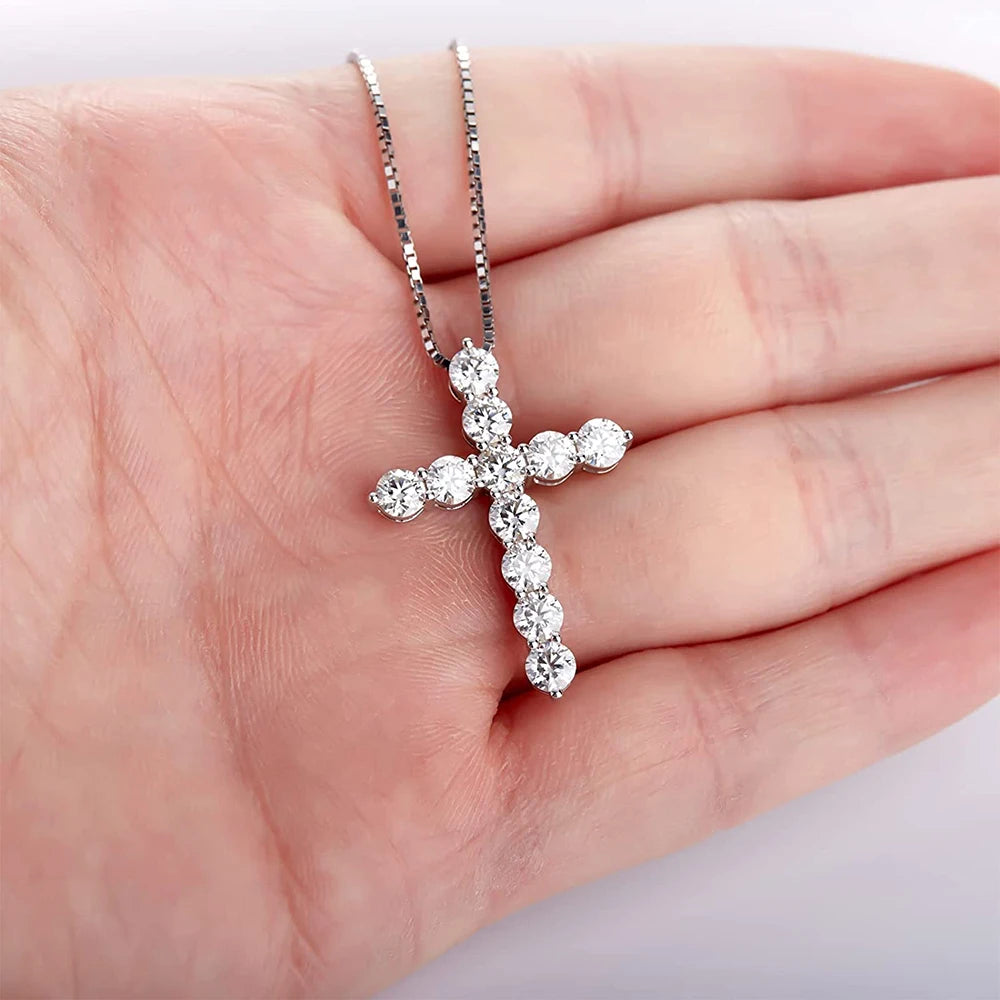 Moissanite Cross Pendant Necklace - D Color VVS1 Diamond, 925 Sterling Silver with 18-Inch Adjustable Chain